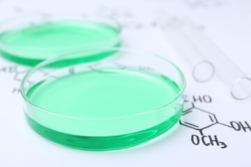 Petri dishes of samples and test tubes on paper with chemical formulas, closeup