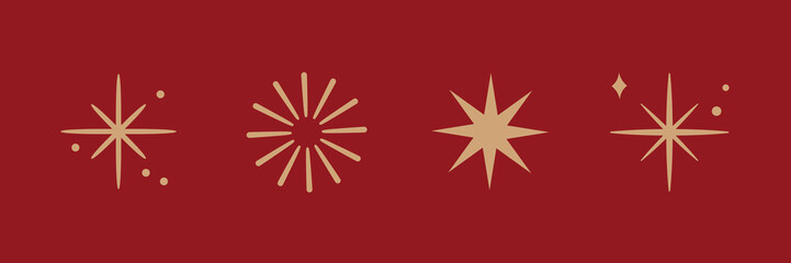 Gold star icons on a red background. Star designs vary in shape. Simple star graphics. Elegant gold stars. Minimalist star patterns on red. Festive element set. Vectors.