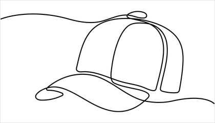 Single continuous line drawing hiking adventure cap hat, trip, travel, camping. Travel accessory, hiking clothes. Continuous line drawing of baseball cap. One line drawing of a baseball cap. 