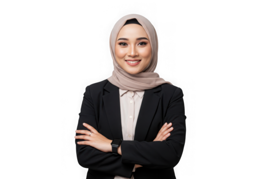 Woman smiling wearing hijab and suit jacket on transparent background