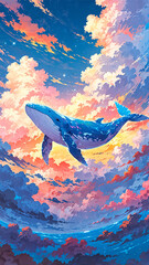 A vibrant, dreamlike scene with a blue whale soaring through a sky filled with colorful, fluffy clouds