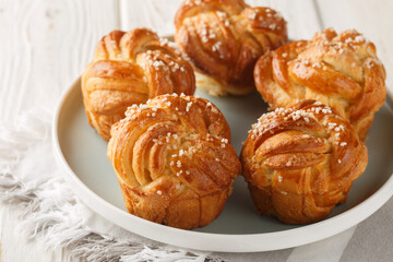 Yeast Knot Sugar Buns with Vanilla Close-up in Plate on Table. Horizontal