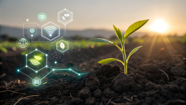 Young plant growing with digital technology and farming icons at sunset
