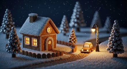 Fototapeta premium Cozy Gingerbread House in a Snowy Winter Wonderland Scene