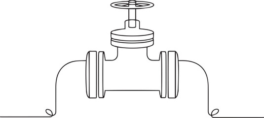 Obraz premium Continuous one line drawing of an industrial piping system with valve and pipe fittings, representing gas or oil pipeline infrastructure