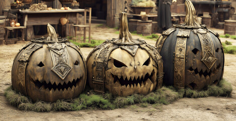 Steampunk jack o lanterns with metal plating ornate bronze carved pumpkins, fierce expressions, rustic village market stalls, wooden barrels, fantasy halloween.