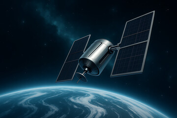 Weather satellite with large solar panels hovering above swirling clouds over earth capturing global climate and atmosphere data under galactic sky at night