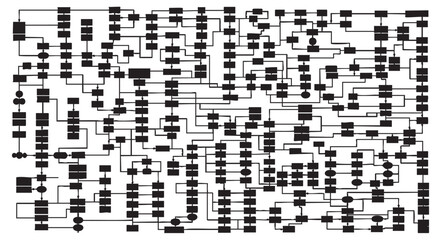 Fototapeta premium Complex Algorithm Visualization Black and White Diagram of Interconnected Processes and Data Flow
