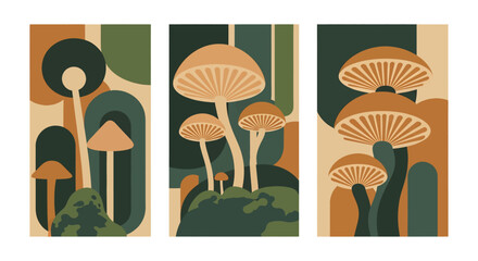 Fototapeta premium Bohemian Mushroom Trio Abstract Vintage Botanical Wall Art with Earthy Tones