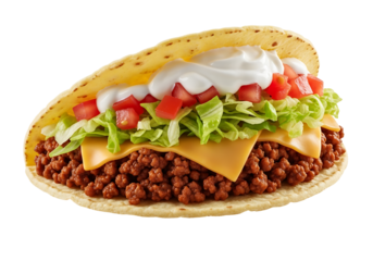 Beef taco with shredded lettuce, diced tomatoes, cheese, and sour cream.