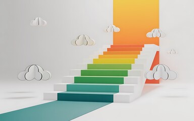 White stairs with colorful steps leading to orange sky surrounded by paper clouds rainbow