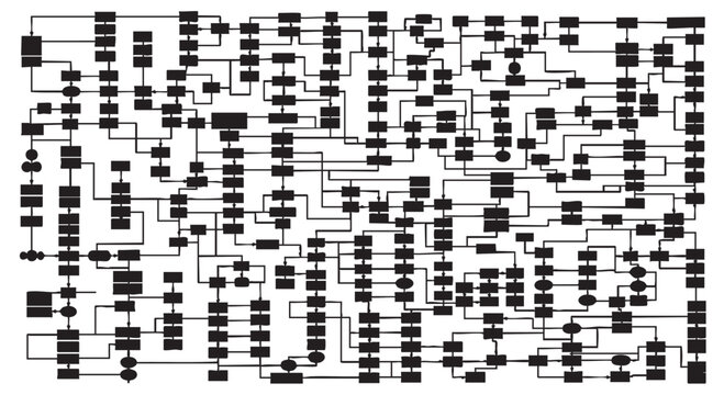 Complex Algorithm Visualization Black and White Diagram of Interconnected Processes and Data Flow