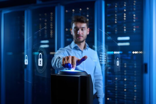Cybersecurity Specialist Accessing Secure Server Data; Futuristic Blue Interface, High-Tech, Confidential.