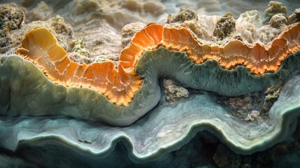 Close-up of a colorful geological formation with textures