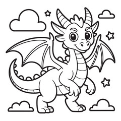 Obraz premium Adorable Dragon Cartoon Character Ready to Fly Coloring Page for Kids Fun Activity Book Illustration