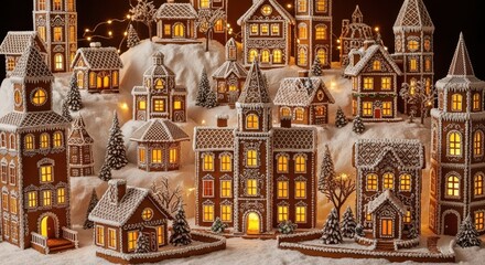 Whimsical Snowy Gingerbread Village Illuminated Festive Night