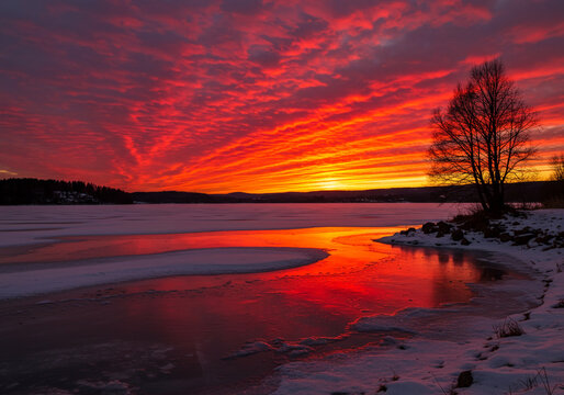 A vivid sunset over a partially frozen lake with a silhouette of trees along the shoreline view