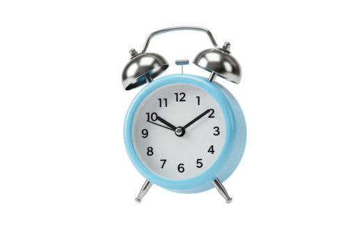 A small, vibrant light blue retro-style alarm clock with chrome bells, white face, and silver legs, hands at 6:55, floating against a clean transparent background with a subtle drop shadow. Concept