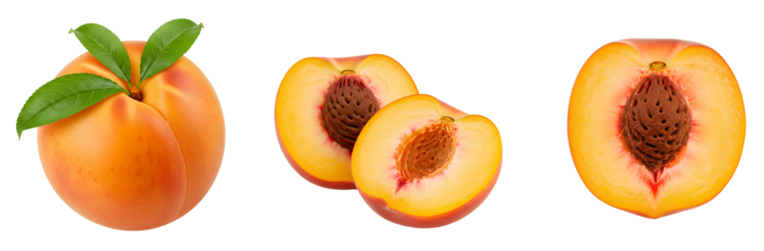 peach fruit set different views PNG. organic and ripe peach top view flat lay isolated. Summer fruit peach full of vitamins and antioxidants PNG. Peaches isolated