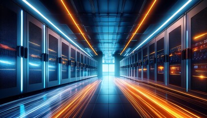 futuristic data center with illuminated cabinets and dynamic light trails showcasing high speed data transfer and advanced cloud computing technology modern innovative and high tech atmosphere