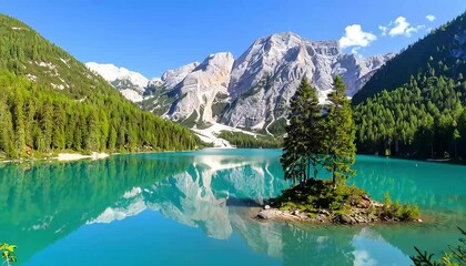 Serene alpine lake surrounded by majestic mountains and lush forest