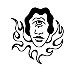 Cyclops face surrounded by fire, abstract and unique design