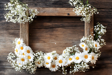 Rustic wooden frame covered in delicate white daisies and baby's breath, white, border, frame