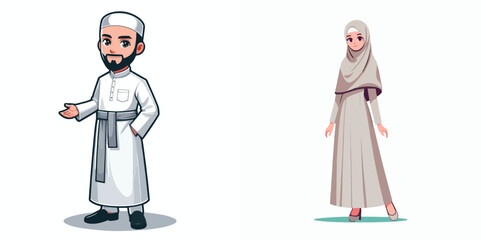 vector image of adult women and men wearing Muslim clothes