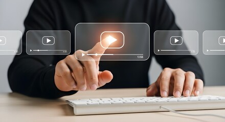 man's hands hovering over virtual play button. Using Watch video with your website