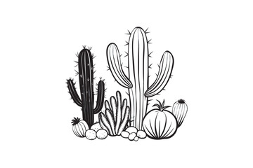 Obraz premium Black and white illustration of various cacti and desert plants with small rocks perfect for coloring pages stickers or minimalist designs with a Southwestern theme