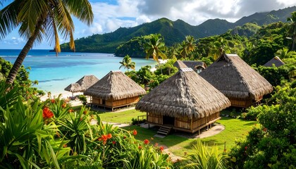 Tropical beach huts nestled by turquoise water