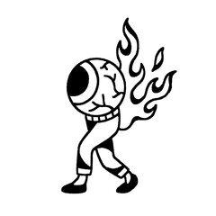 Burning eyeball character with pants and shoes, bizarre graphic art.