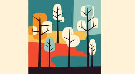 Fototapeta premium Retro Style Geometric Trees Landscape Illustration with Mid-Century Modern Aesthetic