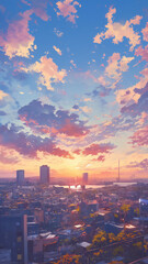 遠くのビル群から近くの住宅街までを優しい筆致で描き出した夕焼けの街、ノスタルジックな光に包まれるパノラマ構図の手描きイラスト、懐かしさと温もりを感じる作品