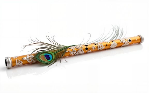 Beautiful flute with gold and silver embroidery and peacock feather, lord Krishna flute isolated on white background, generative ai. High quality