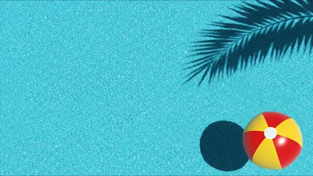 Vibrant summer pool background with floating ball and palm shadow creating a fun, sunny scene