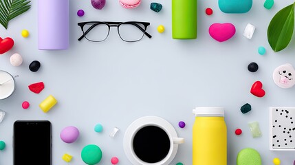 Pastel Colorful Flatlay with Kawaii Icons and Repeating Pattern