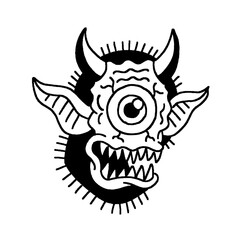 One-eyed devil head illustration, horns, wings, and sharp teeth
