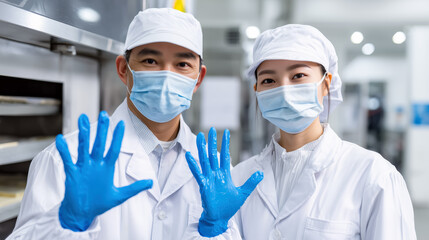 Professional Chefs in Kitchen Wearing Gloves and Masks, Preparing Food in Modern Culinary Environment