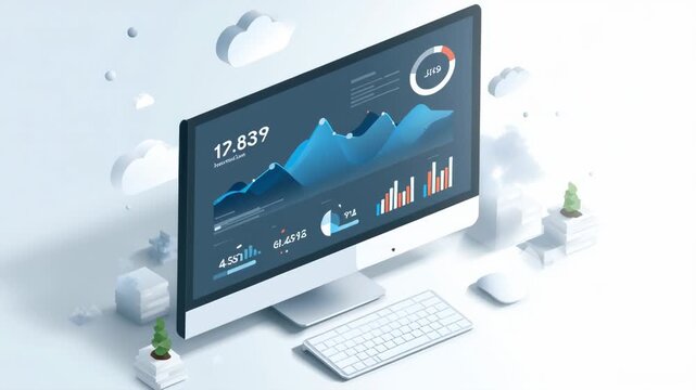 Isometric illustration of SaaS marketing dashboard showcasing analytics and performance metrics for businesses