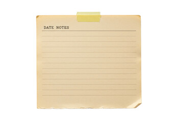 Ultra realistic UHD photo of a single, aged light brown vintage paper with torn edges, faint lines, yellow tape, small pinhole, and 'DATE' 'NOTES' text, isolated on a transparent background with