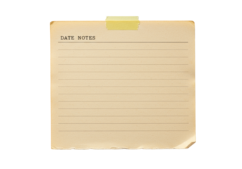 Ultra realistic UHD photo of a single, aged light brown vintage paper with torn edges, faint lines, yellow tape, small pinhole, and 'DATE' 'NOTES' text, isolated on a transparent background with
