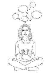 A young woman sits cross-legged, holding a mug, and looking upwards with thought bubbles above her head, indicating contemplation or ideas.