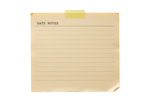 Ultra realistic UHD photo of a single, aged light brown vintage paper with torn edges, faint lines, yellow tape, small pinhole, and 'DATE' 'NOTES' text, isolated on a transparent background with