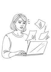 A young woman looks stressed and overwhelmed while working on a laptop, with papers flying around her.