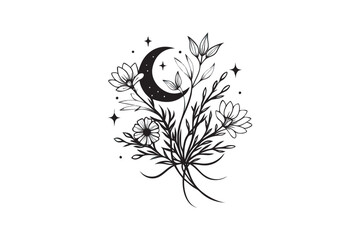 Elegant Black and White Floral Bouquet with Crescent Moon and Stars a Minimalist Illustration for Tattoo Design Invitations or Decorative Elements on a White Background
