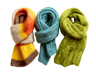Three colorful knitted scarves