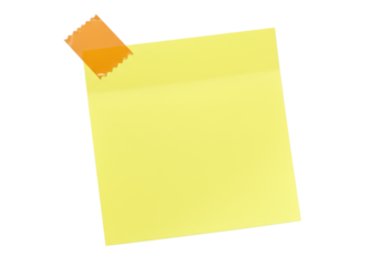 Bright yellow blank rectangular sticky note with textured, curled edges, orange tape, transparent background, top-down studio shot with shadowless lighting, sharp focus, ample copy space, concept