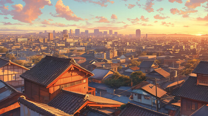 街並み全体を見渡すパノラマの風景にオレンジ色の夕焼けが広がり、懐かしい記憶を呼び起こすような手描き風のノスタルジックな空気感が印象的なイラスト背景素材