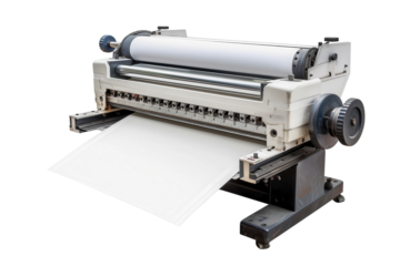 Printing press in action at a busy printing workshop during day hours producing high-quality prints and materials